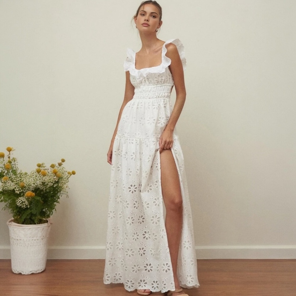 Commense Small White Cotton Eyelet Embroidered Cottage Flowy Summer Maxi Dress